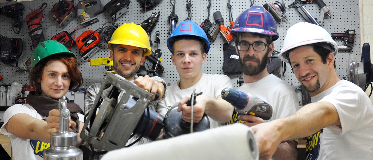 Photos of a team of tool librarians holding up tools